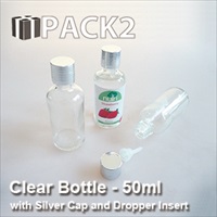 50ml Clear Bottle with Silver Cap and Dropper Insert - 10Pcs
